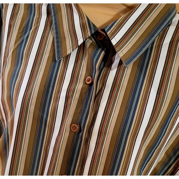 Westbound Woman 20W Plus Wrinkle Free Button Up Tan Navy Cream Stripe 3/4 Sleeve - Picture 3 of 6